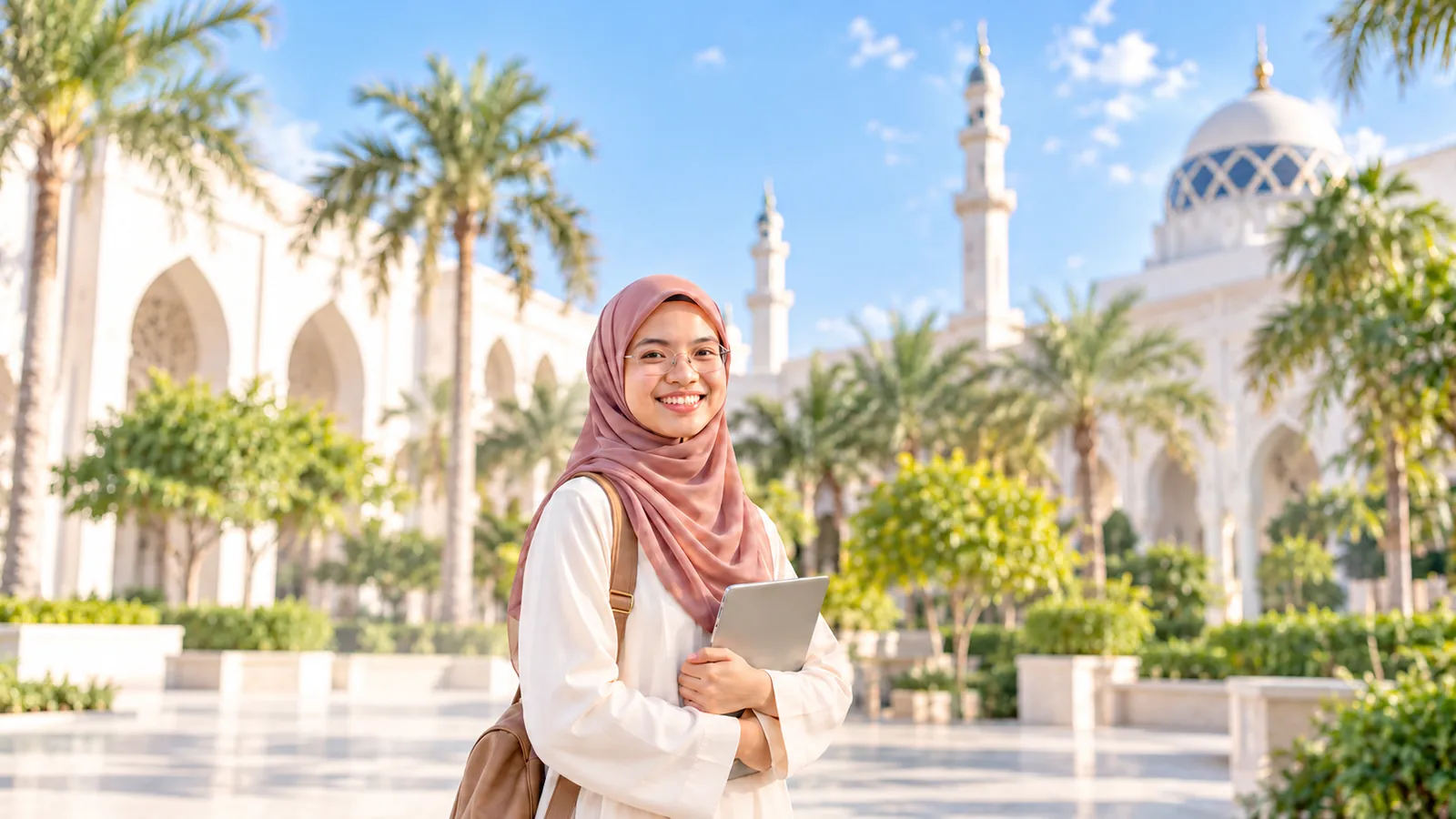 Muslim professional holding a tablet outside a mosque