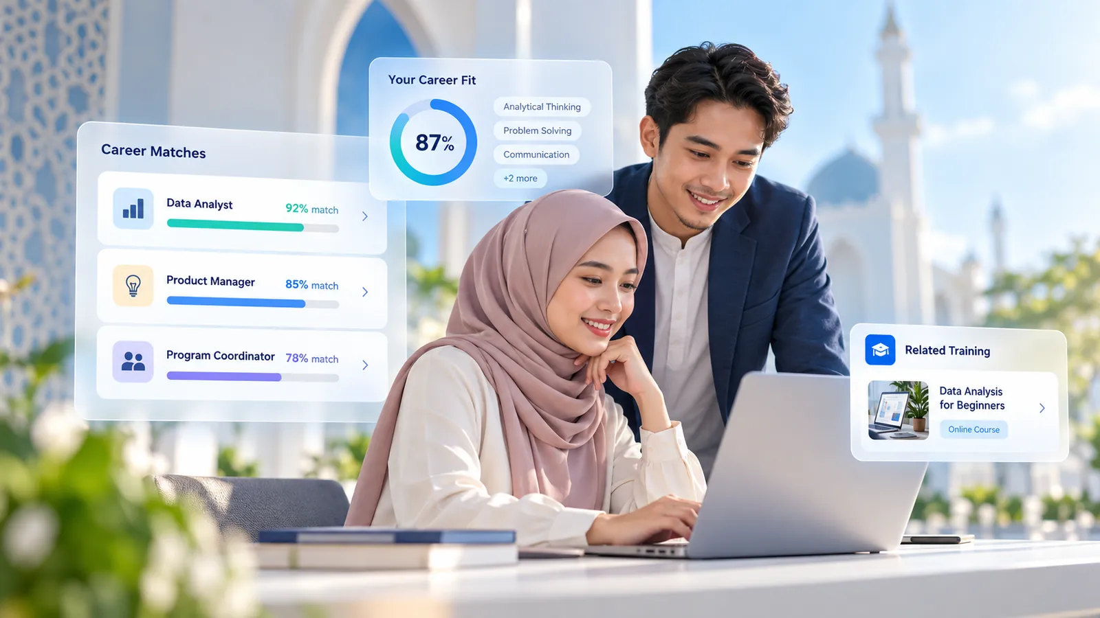 Young talent exploring career fit and training opportunities on a laptop